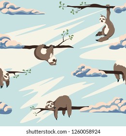 Cute sloth vector seamless pattern . Texture with cartoon animals and clouds on a blue sky background