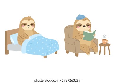 Cute Sloth Waking Up in Bed and Reading on Armchair, Cozy Sloth Character with Hot Tea, Kawaii Animal Mascot for Morning Routine and Relaxation Vector