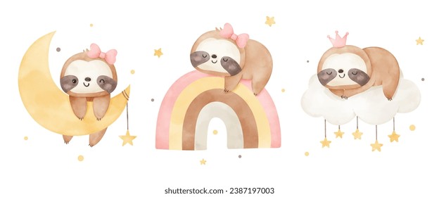 Cute sloth watercolor Decoration nursery kids Birthday girl party Print for invitation card Baby shower Poster Template