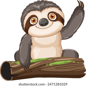 Cute sloth waving while sitting on log