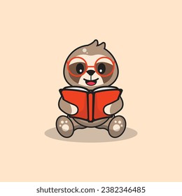 Cute Sloth wear glasses with book Cartoon Vector Flat Illustration Studying Animal Icon
