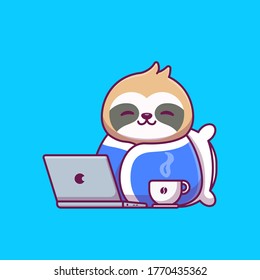 Cute Sloth Wearing Blanket With Laptop And Coffee Cartoon Vector Icon Illustration. Animal Icon Concept Isolated Premium Vector. Flat Cartoon Style 