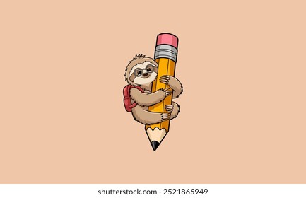 Cute sloth wearing glasses and a backpack hugging a large pencil.