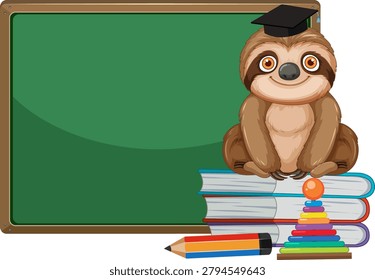 A cute sloth wearing a graduation cap sits on books beside a blank green chalkboard.