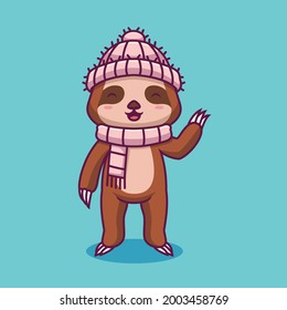 Cute sloth wearing hat and scarf cartoon illustration The Concept of Isolated Technology. Flat Cartoon Style Suitable for Landing Web Pages, Banners, Flyers, Stickers, Cards