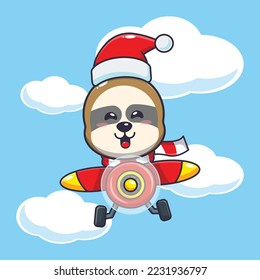 Cute sloth wearing santa hat flying with plane. Cute christmas cartoon illustration. 