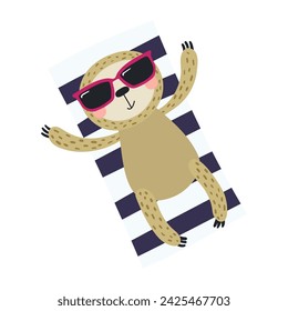 Cute sloth wearing sunglasses, sunbathing cartoon character illustration. Hand drawn Scandinavian style flat design, isolated vector. Kids summer print element, animal on holidays, vacations, beach