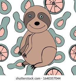  Cute sloth wiht avocado seamless pattern. Creative texture for fabric, wrapping, textile, wallpaper, apparel. Vector hand drawn illustration