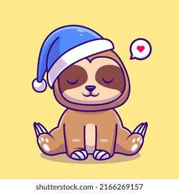 Cute Sloth Winter With Beanie Hat Cartoon Vector Icon Illustration. Animal Nature Icon Concept Isolated Premium Vector. Flat Cartoon Style