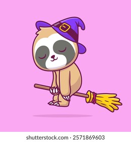 Cute Sloth Witch Flying With Broomstick Cartoon Vector Icon 
Illustration. Animal Holiday Icon Concept Isolated Premium 
Vector. Flat Cartoon Style 