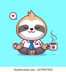 Meditación De Yoga De Trabajador Tradicional Con Ilustración De Icono De Vector De Coffee. Vector Premium Aislado De Concepto De Icono De Negocio Animal. Estilo de dibujo plano