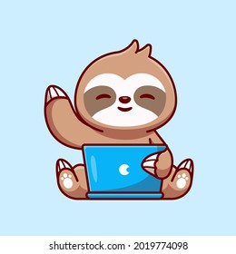 Cute Sloth Working On Laptop Cartoon Vector Icon Illustration. Animal Technology Icon Concept Isolated Premium Vector. Flat Cartoon Style