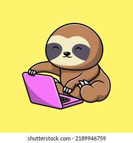 Cute Sloth Working On Laptop Cartoon Vector Icon Illustration. Animal Technology Flat Cartoon Concept