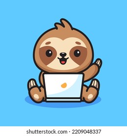 Cute sloth working on laptop mascot vector illustration