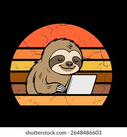 Cute Sloth Working on Laptop with Retro Sunset Background