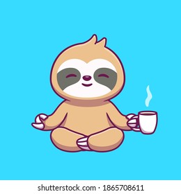 Cute Sloth Yoga Holding Coffee Cartoon Vector Icon Illustration. Animal Food And Drink Icon Concept Isolated Premium Vector. Flat Cartoon Style