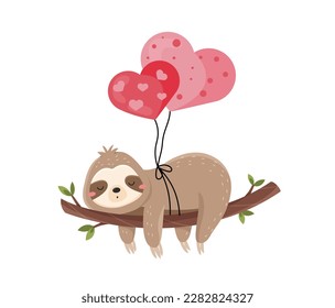 Cute sloths with air balloons. Adorable animal for Valentines Day. Graphic element for social networks and messengers. Dream, relax and rest. Cartoon flat vector illustration