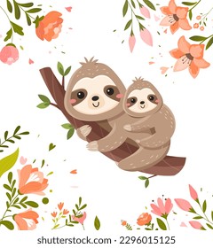 Cute sloths banner. Mother and child hugging on tree branch. Tropic and exotic, fauna, flora and wild life. Graphic element for website. Mothers day postcard. Cartoon flat vector illustration