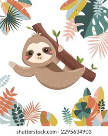 Cute sloths banner. Tropical and exotic animal on branch in jungle. Design element for greeting postcard. Flora and fauna, wildlife. Lazy and adorable character. Cartoon flat vector illustration