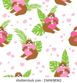 Cute sloths bears huging pink hearts pillow on white background with green tropical leaves and hearts in cartoons style. Vector seamless pattern with little sloth. Print for St. Valentines Day