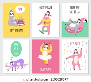 Cute sloths cards. Funny animals in different activities with text, birthday party invitations and greeting. Characters hobby and relax, tropical fauna, vector cartoon isolated posters set