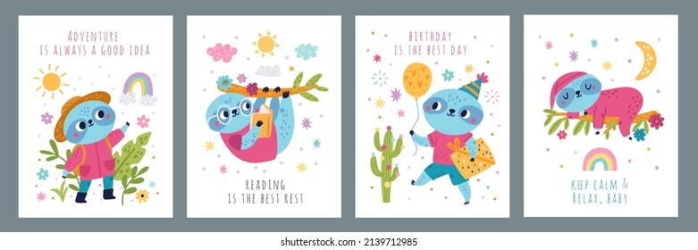 Cute sloths cards. Jungle animals. Happy tropical characters. Traveler and reader. Birthday boy. Sleepyhead on tree branch. Exotic wildlife. Funny quote lettering. Vector