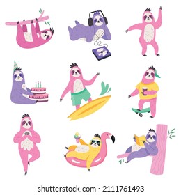 Cute sloths characters. Funny lazy animals do different things, wildlife fauna, branch hanging, yoga class, music listening, surfing and dancing on birthday vector cartoon flat isolated set