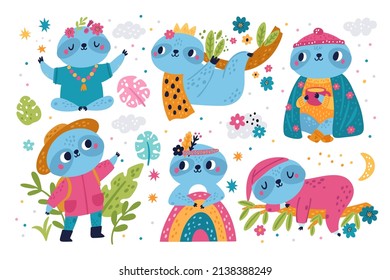 Cute sloths characters. Lazy animals. Tropical plants flowers and leaves. Rainforest wildlife. Different poses. Meditation and sleep. Creature hanging or lying on branch