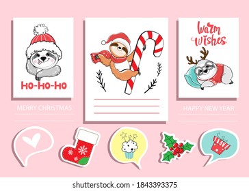 Cute sloths collection of Christmas cards. Merry Christmas and New Years set. Vector illustration funny animals