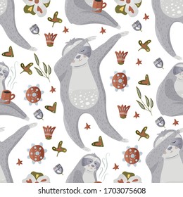 Cute sloths dancing dub dance. Cartoon vector seamless pattern in a flat style. Slow sloth lazy animal nature kid print on a white background.