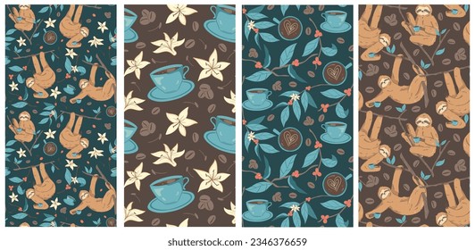 Cute Sloths Enjoying Coffee Seamless Pattern: Adorable, Flat-Style Illustrations for Menus, Textiles, T-shirts, and More - Embrace the Coffee Time Vibes with this Playful Design