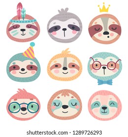 Cute sloths faces. Hand drawn characters. Vector illustration. Sweet funny sloths.
