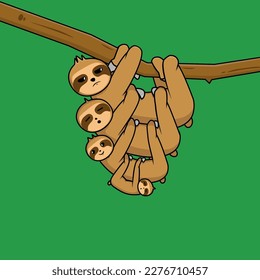 Cute sloths family hanging on a branch vector illustration