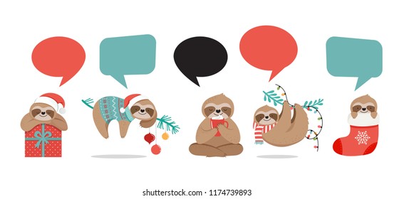 Cute sloths, funny Christmas illustrations with Santa Claus costumes, hat and scarfs, greeting cards set - stock vector banner
