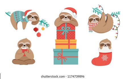 Cute sloths, funny Christmas illustrations with Santa Claus costumes, hat and scarfs, greeting cards set - stock vector banner