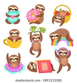 Cute sloths. Funny sleepy sloth, isolated wild jungle character. Cartoon animal on rainbow branch, in coffee cup under book exact vector set