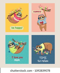 Cute sloths. greeting cards set