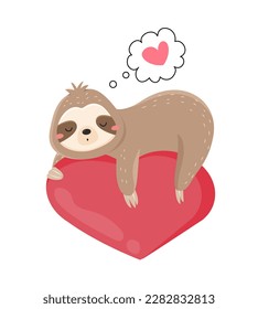 Cute sloths with heart. Adorable animal for Valentines Day. Tropical animal lies and sleeps. Graphic element for social networks and messengers. Cartoon flat vector illustration
