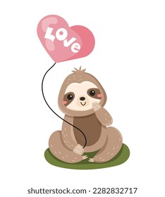 Cute sloths with heart air balloon. Adorable animal for Valentines Day. Love, romance, care and tenderness. Poster or banner for website. Cartoon flat vector illustration