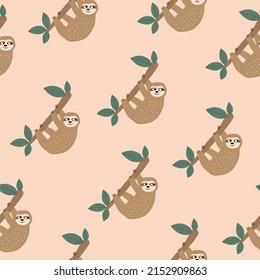 Cute sloths in the jungle hand drawn vector illustration. Funny character in flat style for children. Animal seamless pattern.