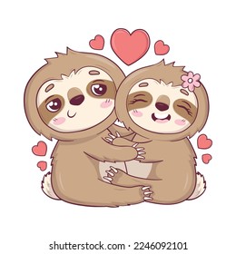 Cute sloths Kawaii character hugging each other in love for Valentine's Day