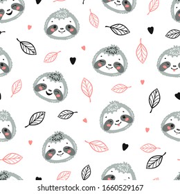Cute Sloths. Little Baby Sloth Face and Tropical Leaves Floral Seamless Pattern. Kawaii Animal Heads Vector Childish Background for Kids Fashion Design. Print for Nursery Wallpaper, Baby Shower