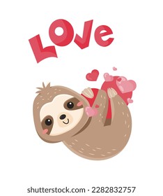 Cute sloths with love. Adorable animal for Valentines Day. Character hugs heart. Design element for greeting postcard. Romance, love and care. Cartoon flat vector illustration