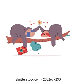 Cute sloths in love Valentine's day vector cartoon character isolated on a white background.
