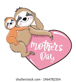 Los dulces manjares de mamá y bebé se sientan en el corazón con la inscripción "Día de la Madre". Tarjeta de felicitación. Ilustración de dibujos animados de animales divertidos