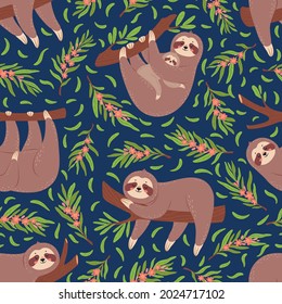 Cute sloths on branch seamless pattern for nursery wallpaper. Baby sloth animal with mother. Funny lazy animals textile print vector texture. Lovely characters in various positions