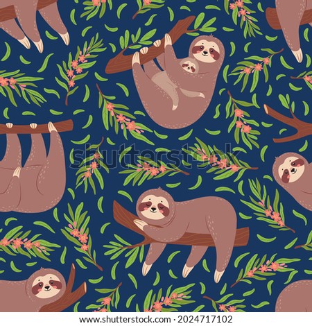 Cute sloths on branch seamless pattern for nursery wallpaper. Baby sloth animal with mother. Funny lazy animals textile print vector texture. Lovely characters in various positions