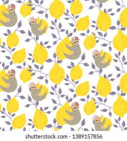 Cute sloths on the yellow lemons. Beautiful seamless pattern illustration.