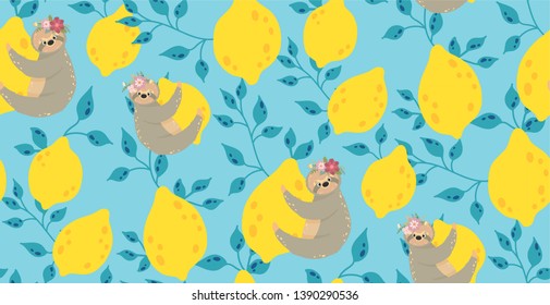 Cute sloths on the yellow lemons. Beautiful seamless pattern illustration.