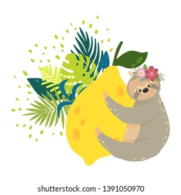 Cute sloths on the yellow lemons surrounded by tropical leaves. Beautiful brunch vector illustration.